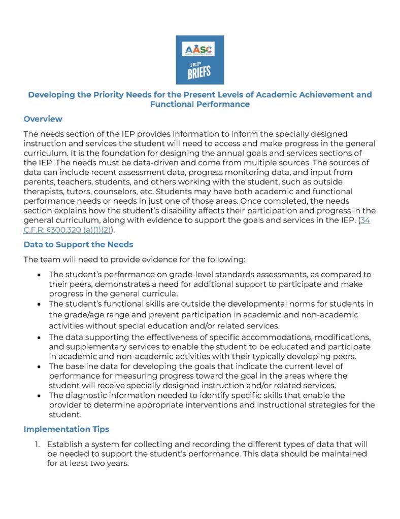 Developing the Priority Needs for the Present Levels of Academic Achievement and Functional Performance Page