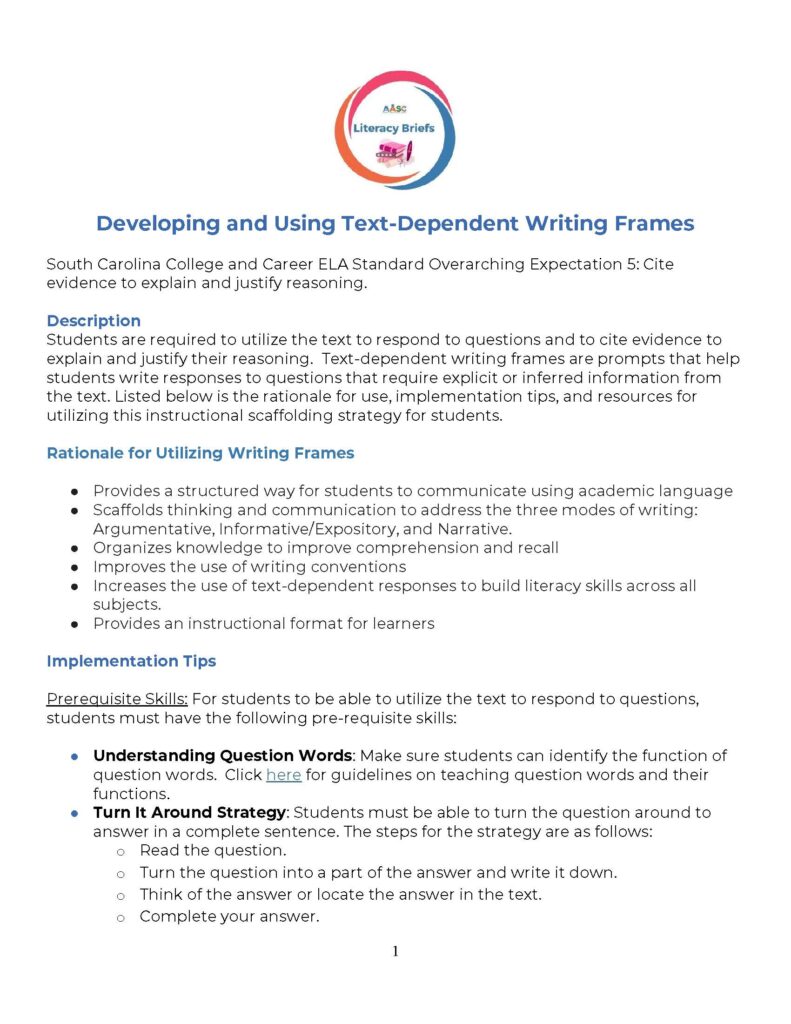 Text Dependent Writing Frames Literacy Brief Page 1