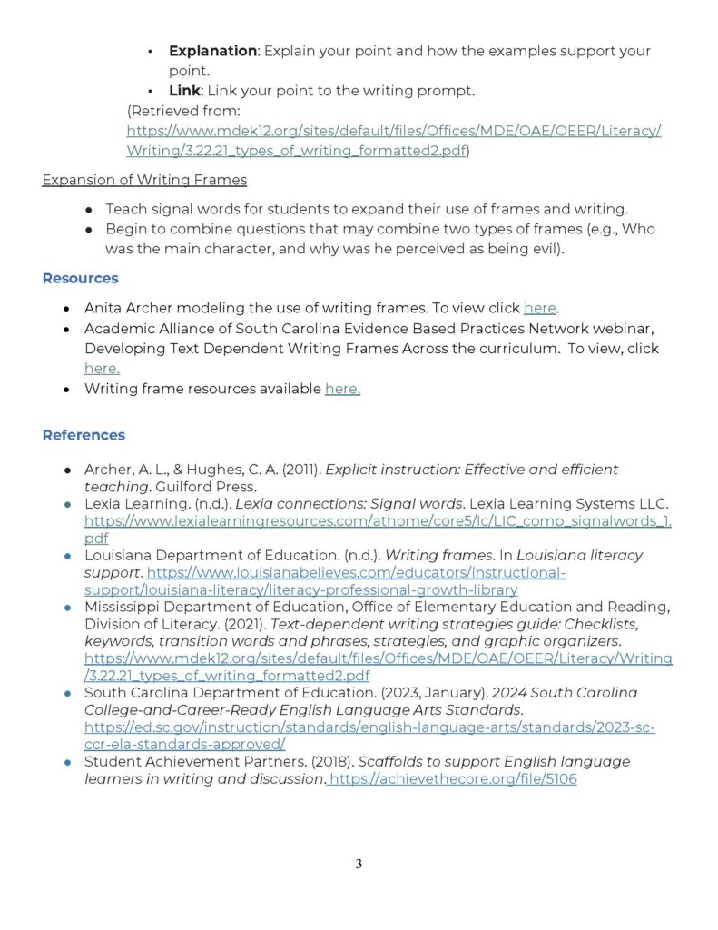 Text Dependent WRiting Frames Literacy Brief page 3
