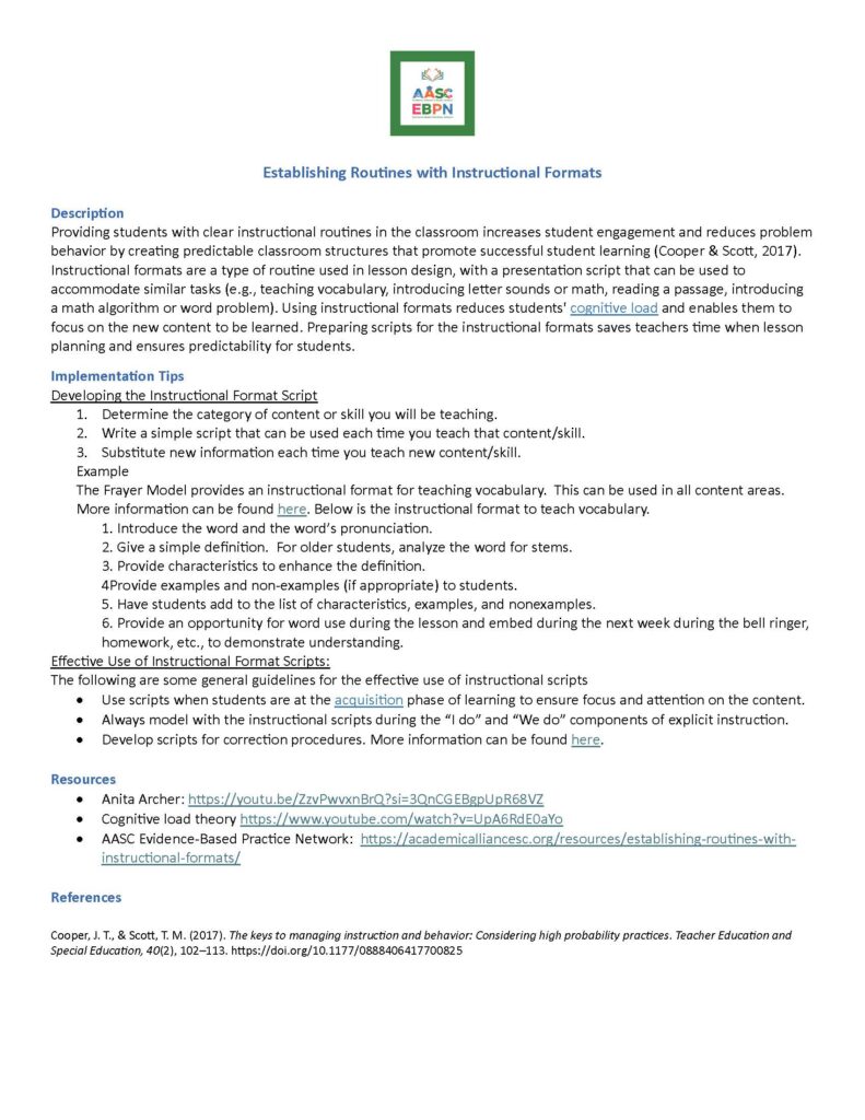 Establishing Routines with Instructional Formats One Pager ()