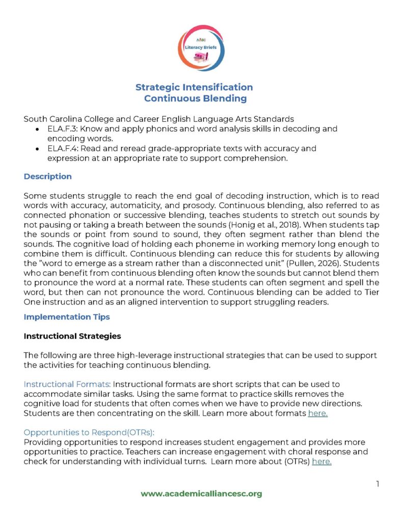 Strategies to Intensify Decoding Skills Continuous Blending Page